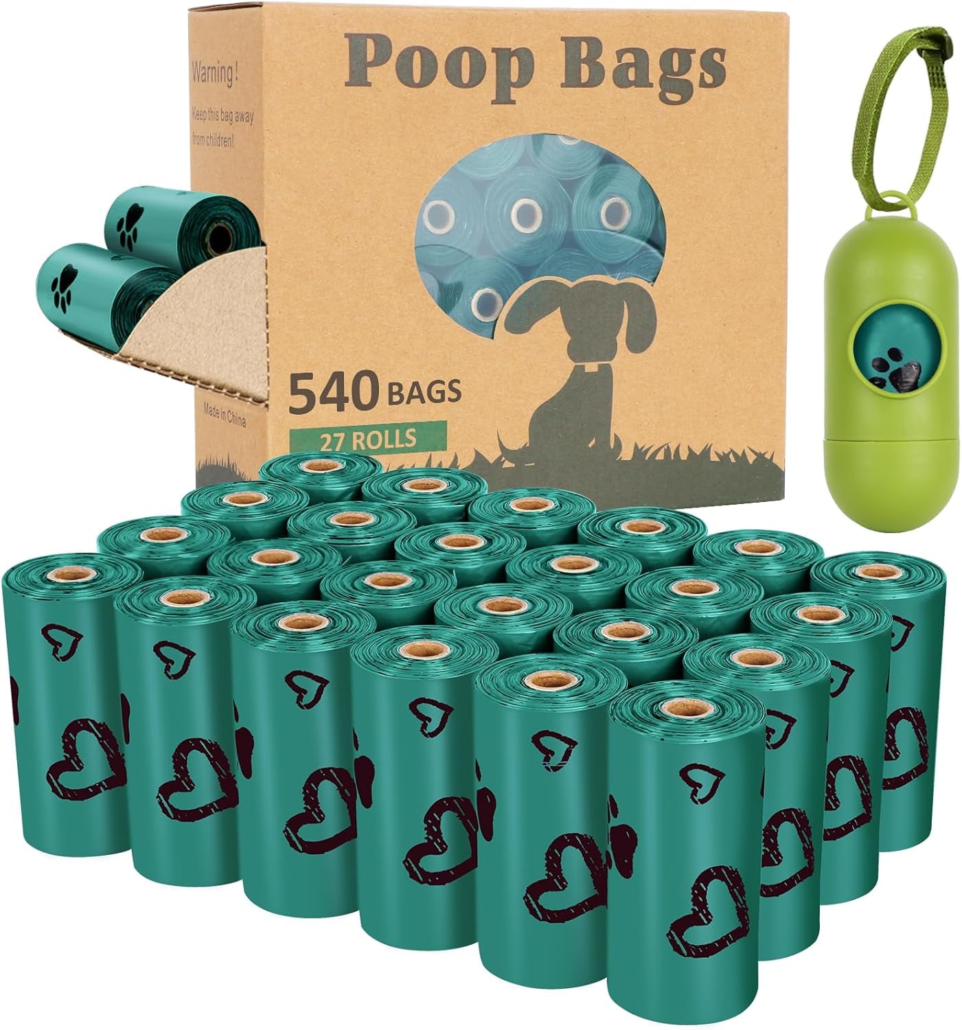 Dog Poop Bag Rolls - 540 Count Dog Waste Bags with Dispenser, Extra Thick Strong Leak Proof Poop Bags for Dogs Doggy | Scented Dark Green