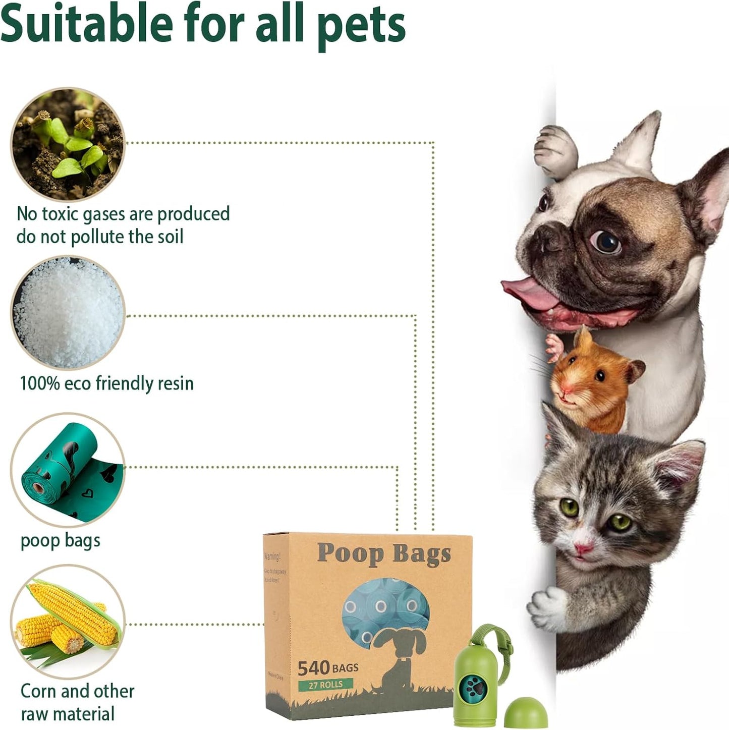 Dog Poop Bag Rolls - 540 Count Dog Waste Bags with Dispenser, Extra Thick Strong Leak Proof Poop Bags for Dogs Doggy | Scented Dark Green