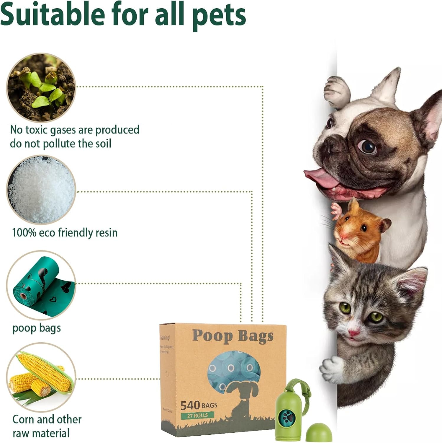 Dog Poop Bag Rolls - 540 Count Dog Waste Bags with Dispenser, Extra Thick Strong Leak Proof Poop Bags for Dogs Doggy | Scented Dark Green